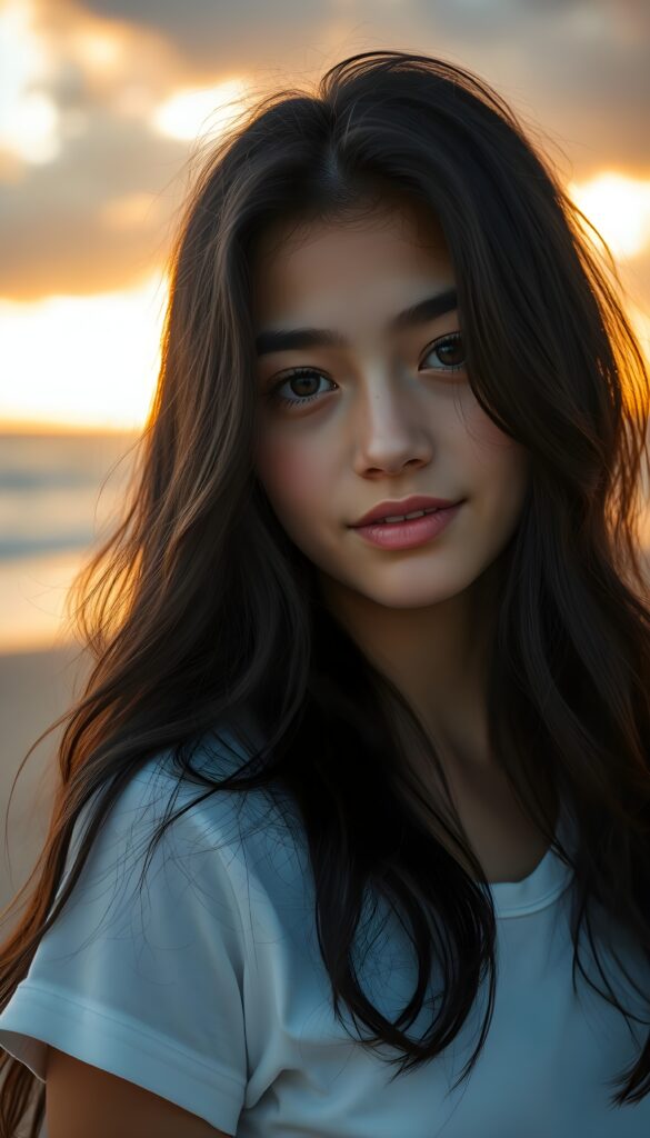 A striking young girl, her eyes shining like sapphires, her lips curved into a gentle smile. Her long, wavy obsidian black hair cascades like a waterfall, framing her flawless face. She wears a crisp white t-shirt that contrasts beautifully. The sunlight filters through the clouds, casting a warm, golden glow over the scene, highlighting her porcelain skin and the delicate freckles across her cheeks. Her hair catches the light, shimmering with a subtle iridescent sheen. The overall composition is serene and picturesque, with a soft-focus background that enhances the ethereal beauty of the moment. All against a beautiful sunset at beach.