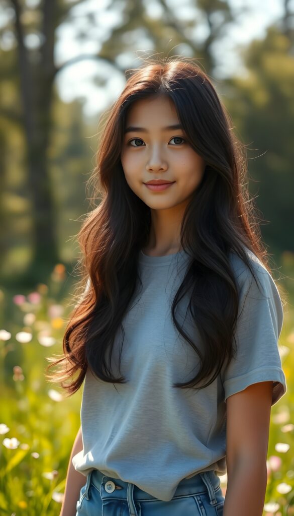 A striking young girl stands in a sunlit meadow, her eyes shining like sapphires, her lips curved into a gentle smile. Her long, wavy obsidian black hair cascades like a waterfall to her hip, framing her flawless face. She wears a crisp light grey t-shirt that contrasts beautifully with the vibrant green grass and blooming wildflowers around her. The sunlight filters through the trees, casting a warm, golden glow over the scene, highlighting her porcelain skin and the delicate freckles across her cheeks. Her hair catches the light, shimmering with a subtle iridescent sheen. The overall composition is serene and picturesque, with a soft-focus background that enhances the ethereal beauty of the moment. She wears blue short jeans.