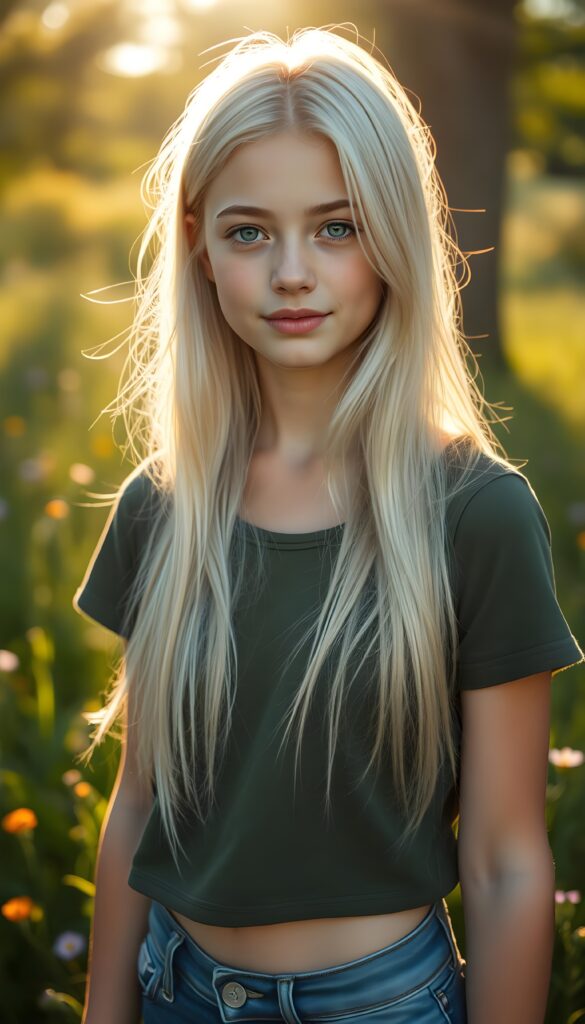 A striking young girl stands in sunlight, her eyes shining like sapphires, her lips curved into a gentle smile. Her long, straight platinum white hair cascades like a waterfall to her hip, framing her flawless face. She wears a crisp thin dark green t-shirt that contrasts beautifully with the vibrant green grass and blooming wildflowers around her. The sunlight filters through the trees, casting a warm, golden glow over the scene, highlighting her porcelain skin and the delicate freckles across her cheeks. Her hair catches the light, shimmering with a subtle iridescent sheen. The overall composition is serene and picturesque, with a soft-focus background that enhances the ethereal beauty of the moment. She wears blue short jeans. Front view.