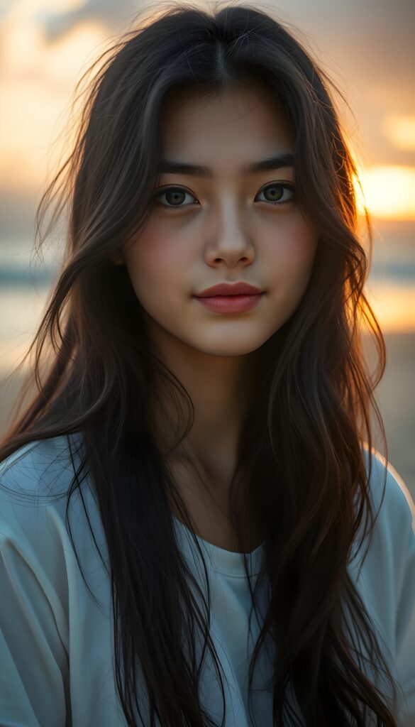 A striking young girl, her eyes shining like sapphires, her lips curved into a gentle smile. Her long, wavy obsidian black hair cascades like a waterfall, framing her flawless face. She wears a crisp white t-shirt that contrasts beautifully. The sunlight filters through the clouds, casting a warm, golden glow over the scene, highlighting her porcelain skin and the delicate freckles across her cheeks. Her hair catches the light, shimmering with a subtle iridescent sheen. The overall composition is serene and picturesque, with a soft-focus background that enhances the ethereal beauty of the moment. All against a beautiful sunset at beach.