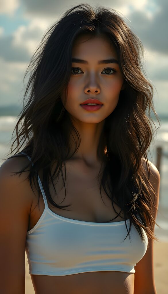 A striking young busty girl, her eyes shining like sapphires, her lips curved into a gentle smile. Her long, wavy obsidian black hair cascades like a waterfall, framing her flawless face. She wears a crisp white cropped thin spaghetti tank top that contrasts beautifully. The sunlight filters through the clouds, casting a warm, golden glow over the scene, highlighting her porcelain skin and the delicate freckles across her cheeks. Her hair catches the light, shimmering with a subtle iridescent sheen. The overall composition is serene and picturesque, with a soft-focus background that enhances the ethereal beauty of the moment. All against a beautiful sunset at beach.