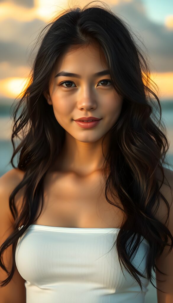 A striking young busty girl, her eyes shining like sapphires, her lips curved into a gentle smile. Her long, wavy obsidian black hair cascades like a waterfall, framing her flawless face. She wears a crisp white cropped thin spaghetti tank top that contrasts beautifully. The sunlight filters through the clouds, casting a warm, golden glow over the scene, highlighting her porcelain skin and the delicate freckles across her cheeks. Her hair catches the light, shimmering with a subtle iridescent sheen. The overall composition is serene and picturesque, with a soft-focus background that enhances the ethereal beauty of the moment. All against a beautiful sunset at beach.