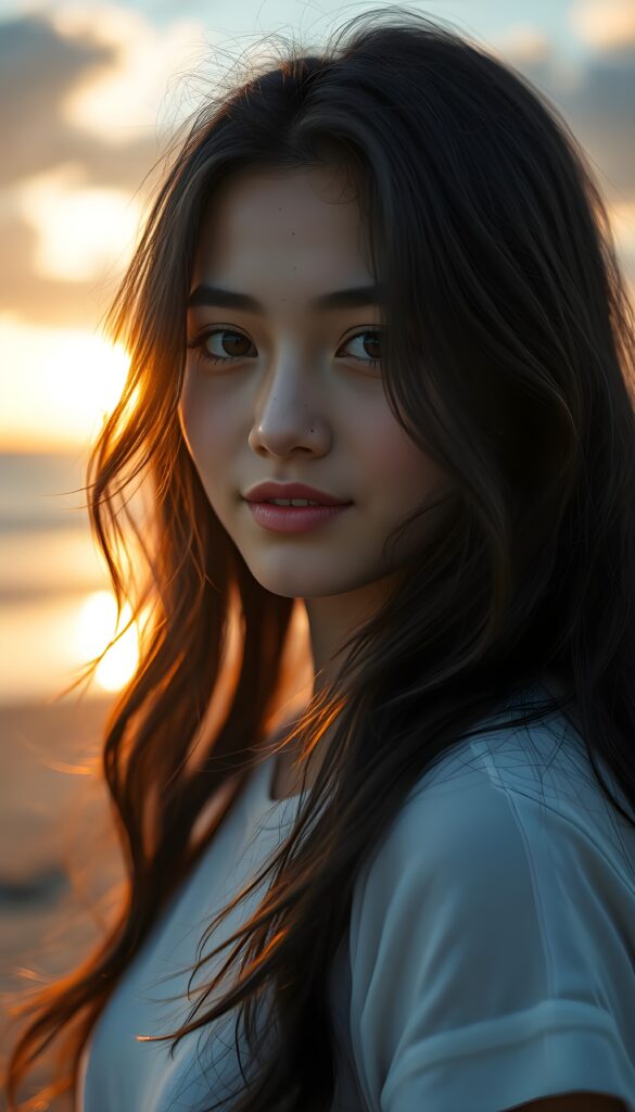A striking young girl, her eyes shining like sapphires, her lips curved into a gentle smile. Her long, wavy obsidian black hair cascades like a waterfall, framing her flawless face. She wears a crisp white t-shirt that contrasts beautifully. The sunlight filters through the clouds, casting a warm, golden glow over the scene, highlighting her porcelain skin and the delicate freckles across her cheeks. Her hair catches the light, shimmering with a subtle iridescent sheen. The overall composition is serene and picturesque, with a soft-focus background that enhances the ethereal beauty of the moment. All against a beautiful sunset at beach.