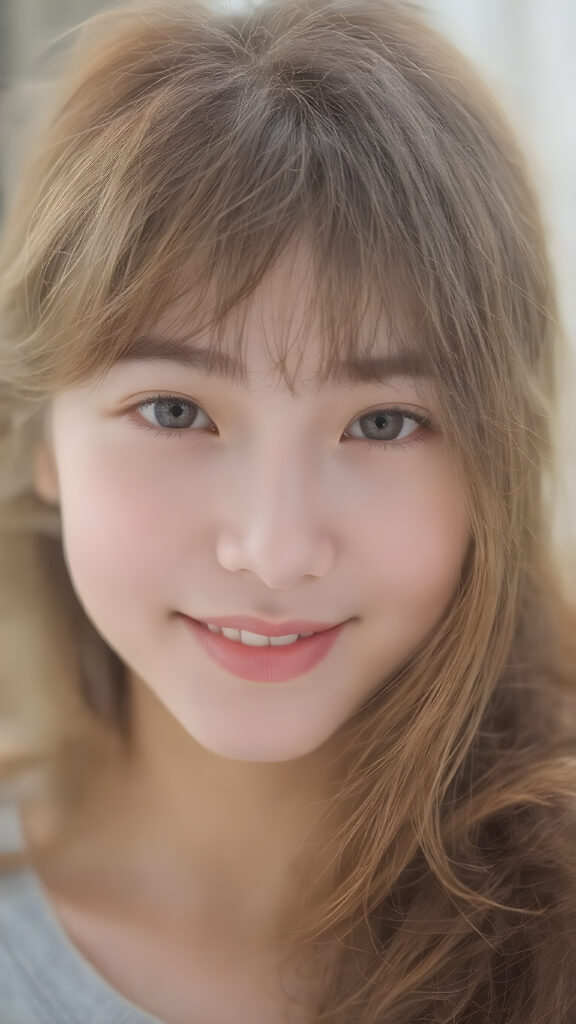 A (((strikingly beautiful teen girl))), with detailed, intricate (((Korean-style bangs))), long, softly curling auburn hair framing her face, exuding warm happiness and contentment, her lips painted in a playful smile, eyes sparkling like stars, poised in a (((softly illuminated side view))), as if captured in 8K Ultra HD, with a high dynamic range (HDR) that brings out the intricate details of her features, framed in a perfect 16K resolution with advanced lighting effects that enhance her youthful radiance, embodying the essence of a cheerful, happy teen