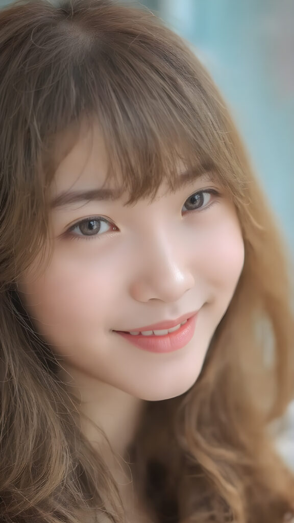 A (((strikingly beautiful teen girl))), with detailed, intricate (((Korean-style bangs))), long, softly curling auburn hair framing her face, exuding warm happiness and contentment, her lips painted in a playful smile, eyes sparkling like stars, poised in a (((softly illuminated side view))), as if captured in 8K Ultra HD, with a high dynamic range (HDR) that brings out the intricate details of her features, framed in a perfect 16K resolution with advanced lighting effects that enhance her youthful radiance, embodying the essence of a cheerful, happy teen