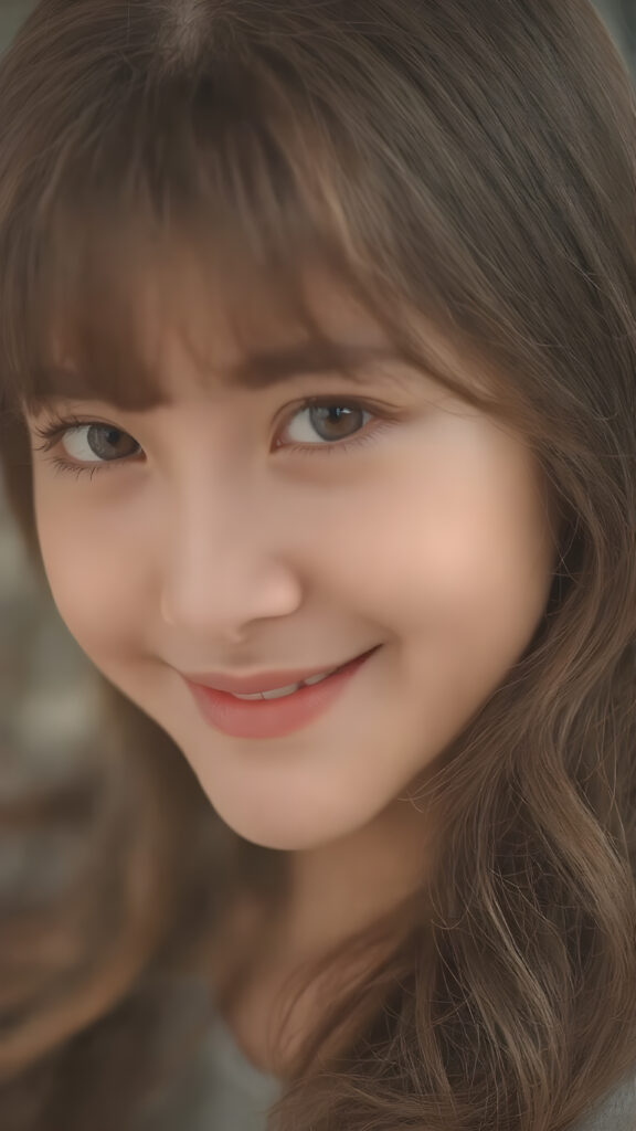 A (((strikingly beautiful teen girl))), with detailed, intricate (((Korean-style bangs))), long, softly curling auburn hair framing her face, exuding warm happiness and contentment, her lips painted in a playful smile, eyes sparkling like stars, poised in a (((softly illuminated side view))), as if captured in 8K Ultra HD, with a high dynamic range (HDR) that brings out the intricate details of her features, framed in a perfect 16K resolution with advanced lighting effects that enhance her youthful radiance, embodying the essence of a cheerful, happy teen