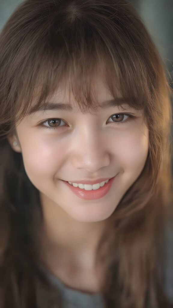 A (((strikingly beautiful teen girl))), with detailed, intricate (((Korean-style bangs))), long, softly curling auburn hair framing her face, exuding warm happiness and contentment, her lips painted in a playful smile, eyes sparkling like stars, poised in a (((softly illuminated side view))), as if captured in 8K Ultra HD, with a high dynamic range (HDR) that brings out the intricate details of her features, framed in a perfect 16K resolution with advanced lighting effects that enhance her youthful radiance, embodying the essence of a cheerful, happy teen