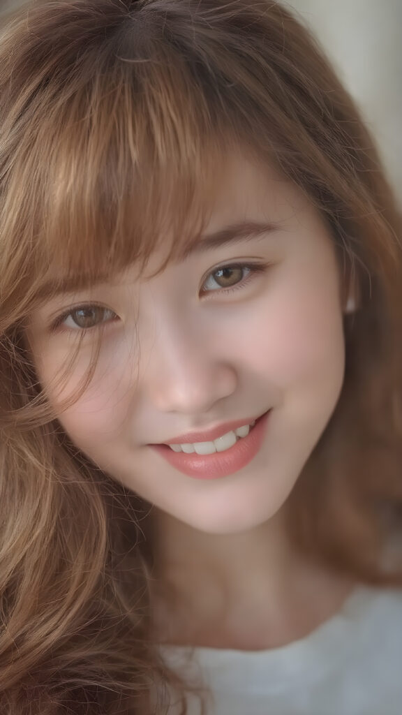 A (((strikingly beautiful teen girl))), with detailed, intricate (((Korean-style bangs))), long, softly curling auburn hair framing her face, exuding warm happiness and contentment, her lips painted in a playful smile, eyes sparkling like stars, poised in a (((softly illuminated side view))), as if captured in 8K Ultra HD, with a high dynamic range (HDR) that brings out the intricate details of her features, framed in a perfect 16K resolution with advanced lighting effects that enhance her youthful radiance, embodying the essence of a cheerful, happy teen