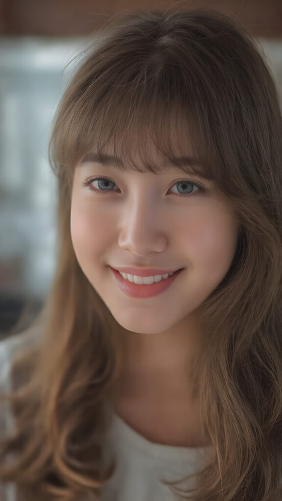 A (((strikingly beautiful teen girl))), with detailed, intricate (((Korean-style bangs))), long, softly curling auburn hair framing her face, exuding warm happiness and contentment, her lips painted in a playful smile, eyes sparkling like stars, poised in a (((softly illuminated side view))), as if captured in 8K Ultra HD, with a high dynamic range (HDR) that brings out the intricate details of her features, framed in a perfect 16K resolution with advanced lighting effects that enhance her youthful radiance, embodying the essence of a cheerful, happy teen