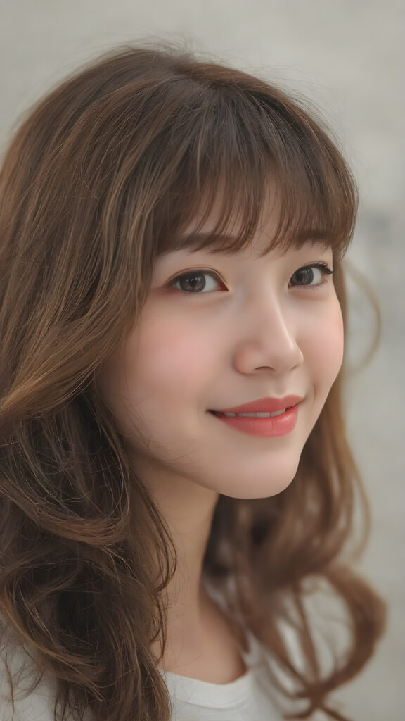 A strikingly beautiful (Korean) teen girl, with intricate details and beautifully detailed (((Korean-style bangs))), long, softly curling auburn hair framing her face, the lips painted in a warm, playful smile, eyes sparkling like stars, poised in a (side view) that brings out her captivating features, with a soft focus on her face, highlighting its natural elegance and youthful radiance, full body shot, capturing her in a moment of serene happiness