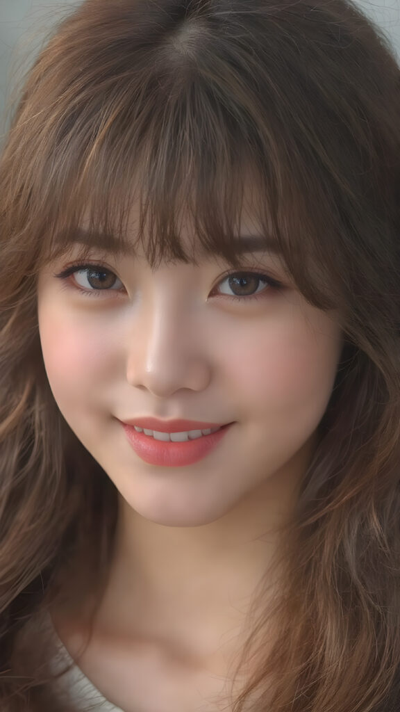 A strikingly beautiful (Korean) teen girl, with intricate details and beautifully detailed (((Korean-style bangs))), long, softly curling auburn hair framing her face, the lips painted in a warm, playful smile, eyes sparkling like stars, poised in a (side view) that brings out her captivating features, with a soft focus on her face, highlighting its natural elegance and youthful radiance, full body shot, capturing her in a moment of serene happiness