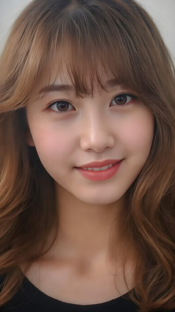 A strikingly beautiful (Korean) teen girl, with intricate details and beautifully detailed (((Korean-style bangs))), long, softly curling auburn hair framing her face, the lips painted in a warm, playful smile, eyes sparkling like stars, poised in a (side view) that brings out her captivating features, with a soft focus on her face, highlighting its natural elegance and youthful radiance, full body shot, capturing her in a moment of serene happiness