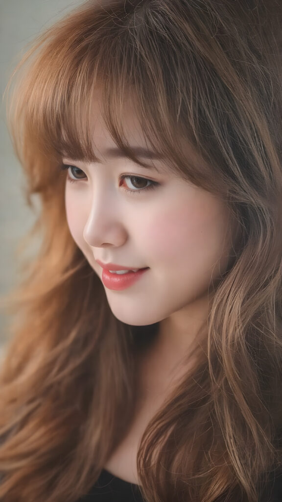 A strikingly beautiful (Korean) teen girl, with intricate details and beautifully detailed (((Korean-style bangs))), long, softly curling auburn hair framing her face, the lips painted in a warm, playful smile, eyes sparkling like stars, poised in a (side view) that brings out her captivating features, with a soft focus on her face, highlighting its natural elegance and youthful radiance, full body shot, capturing her in a moment of serene happiness