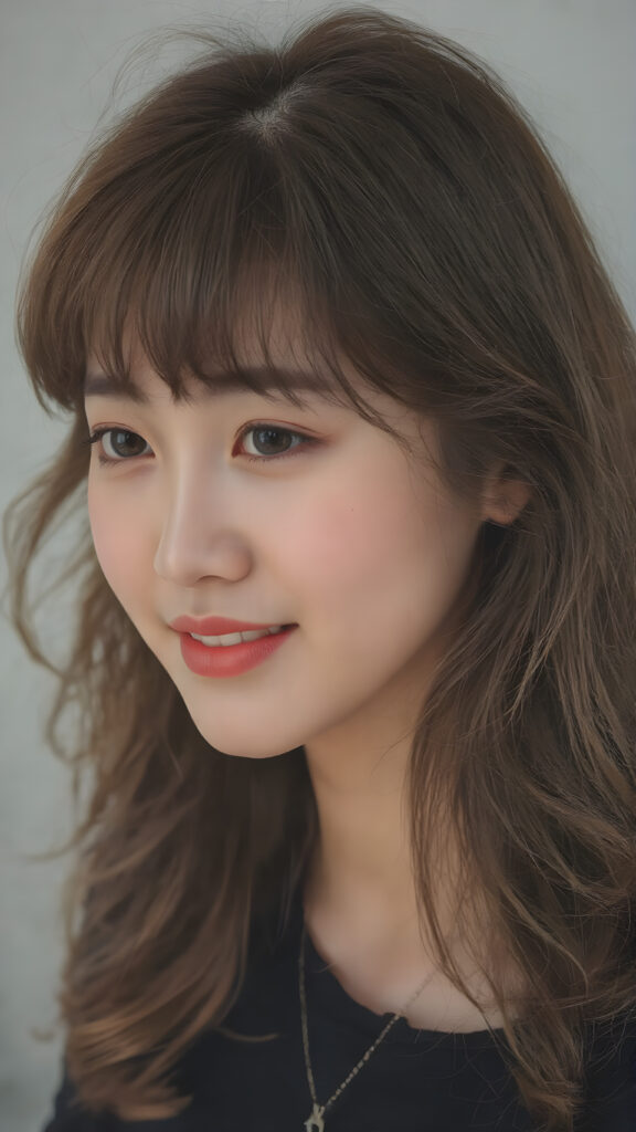 A strikingly beautiful (Korean) teen girl, with intricate details and beautifully detailed (((Korean-style bangs))), long, softly curling auburn hair framing her face, the lips painted in a warm, playful smile, eyes sparkling like stars, poised in a (side view) that brings out her captivating features, with a soft focus on her face, highlighting its natural elegance and youthful radiance, full body shot, capturing her in a moment of serene happiness