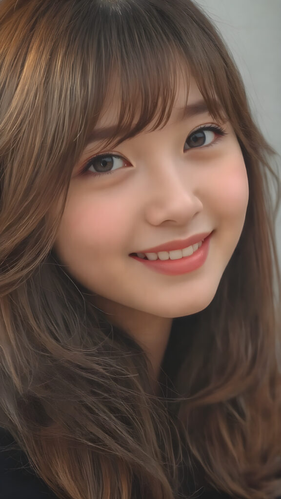 A strikingly beautiful (Korean) teen girl, with intricate details and beautifully detailed (((Korean-style bangs))), long, softly curling auburn hair framing her face, the lips painted in a warm, playful smile, eyes sparkling like stars, poised in a (side view) that brings out her captivating features, with a soft focus on her face, highlighting its natural elegance and youthful radiance, full body shot, capturing her in a moment of serene happiness