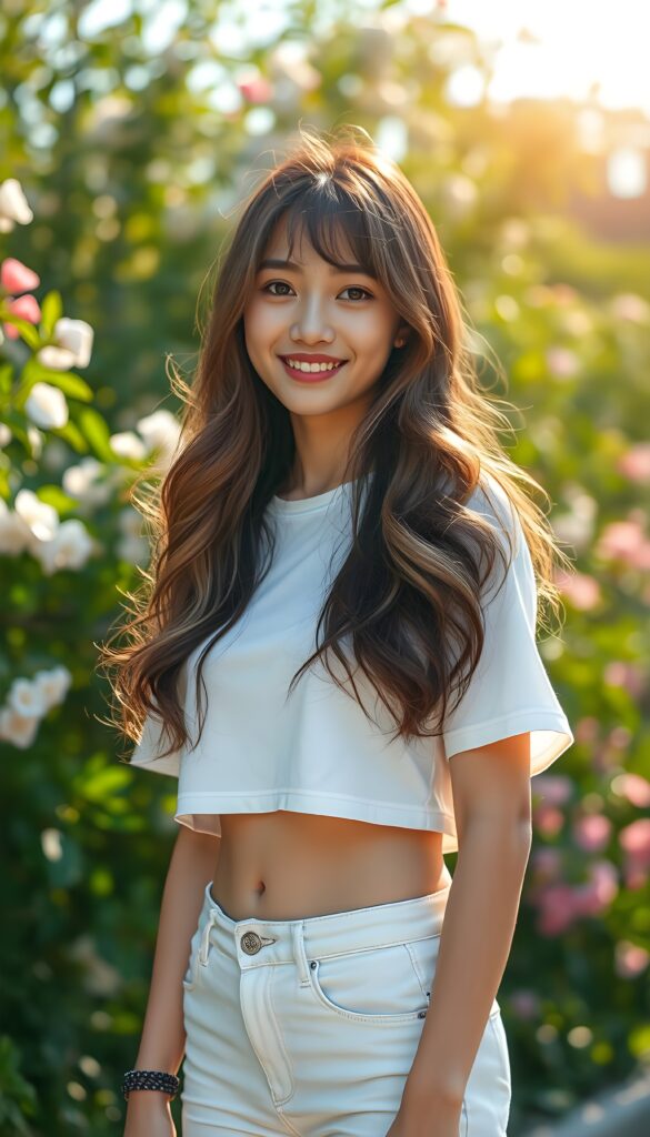A beautiful, gentle spring photo: A stunning young girl with long, wavy and slightly straight dark hair styled in soft bangs and luminous natural eyes stands confidently outdoors. She wears a white thin cropped t-shirt and white denim shorts, showcasing her graceful legs and her cute round belly button. The sun casts a golden, ethereal glow on her flawless complexion, enhancing her charming smile. She poses with a lush, vibrant green background, filled with blooming flowers and trees, emphasizing her youthful beauty.
