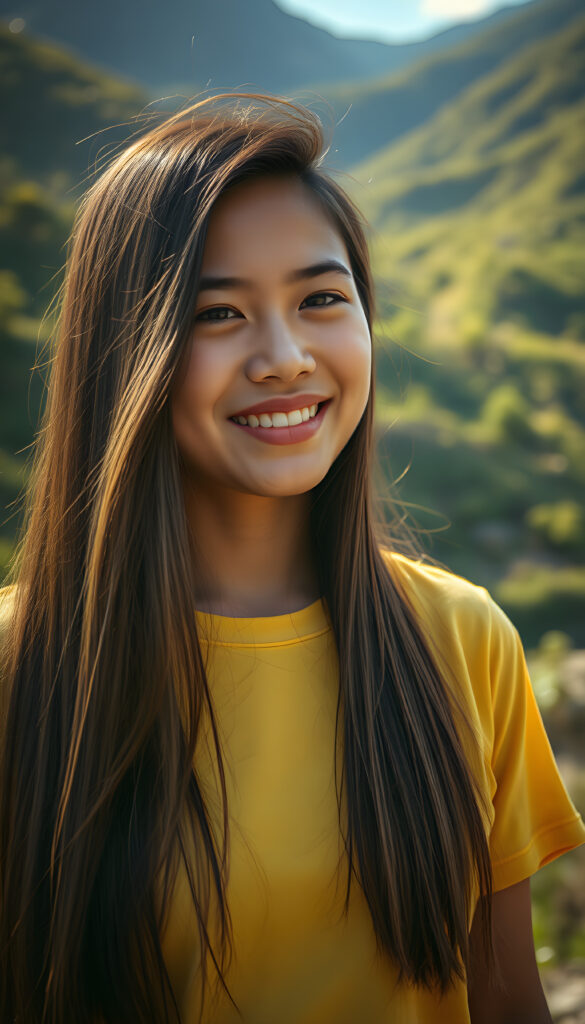 A stunning Latino girl with long, flowing straight brown hair. She wears a yellow T-Shirt. The background showcases a lush, green Andean landscape with mountains in the distance. The lighting is warm and golden, casting a joyful, inviting atmosphere. The style is whimsical and colorful.