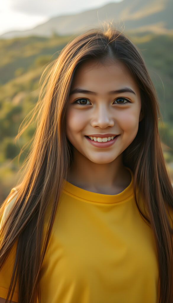 A stunning Latino girl with long, flowing straight brown hair. She wears a yellow T-Shirt. The background showcases a lush, green Andean landscape with mountains in the distance. The lighting is warm and golden, casting a joyful, inviting atmosphere. The style is whimsical and colorful.