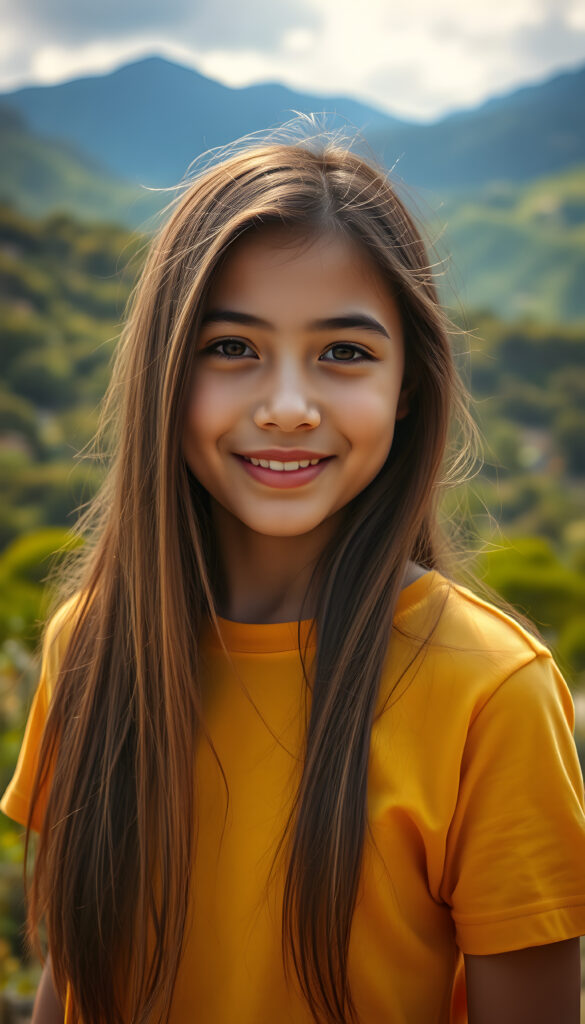 A stunning Latino girl with long, flowing straight brown hair. She wears a yellow T-Shirt. The background showcases a lush, green Andean landscape with mountains in the distance. The lighting is warm and golden, casting a joyful, inviting atmosphere. The style is whimsical and colorful.