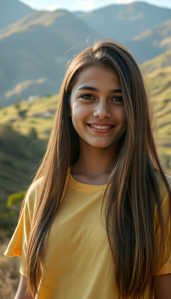 A stunning Latino girl with long, flowing straight brown hair. She wears a yellow T-Shirt. The background showcases a lush, green Andean landscape with mountains in the distance. The lighting is warm and golden, casting a joyful, inviting atmosphere. The style is whimsical and colorful.