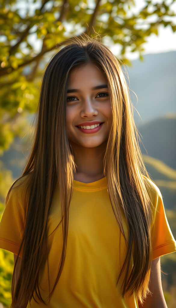 A stunning Latino girl with long, flowing straight brown hair. She wears a yellow T-Shirt. The background showcases a lush, green Andean landscape with mountains in the distance. The lighting is warm and golden, casting a joyful, inviting atmosphere. The style is whimsical and colorful.