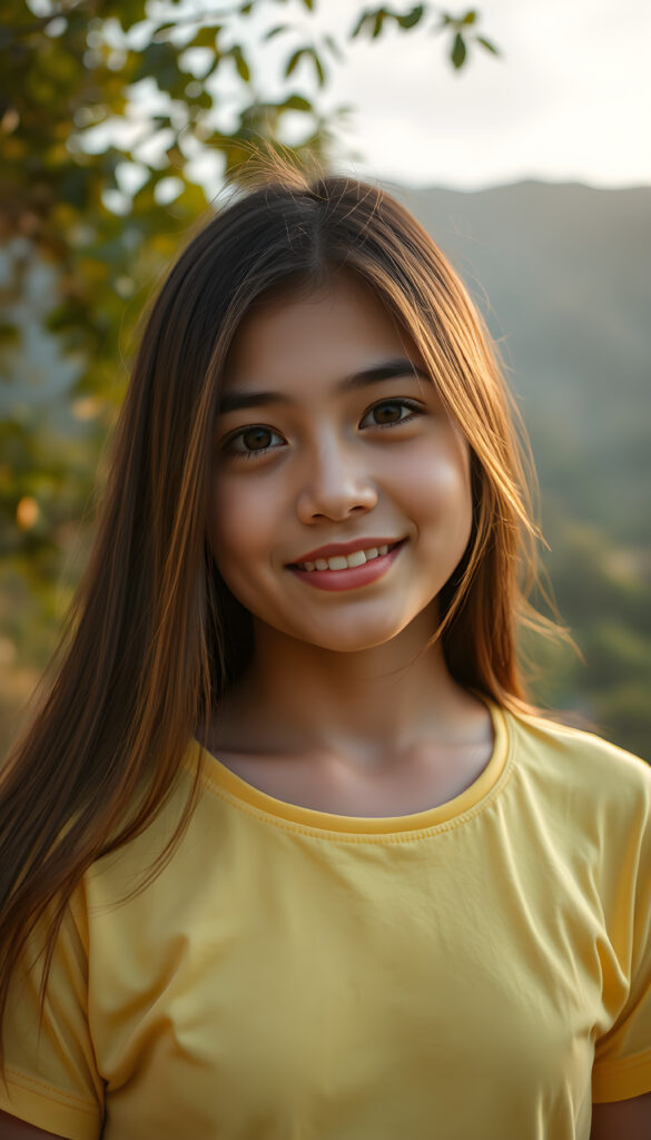 A stunning Latino girl with long, flowing straight brown hair. She wears a yellow T-Shirt. The background showcases a lush, green Andean landscape with mountains in the distance. The lighting is warm and golden, casting a joyful, inviting atmosphere. The style is whimsical and colorful.