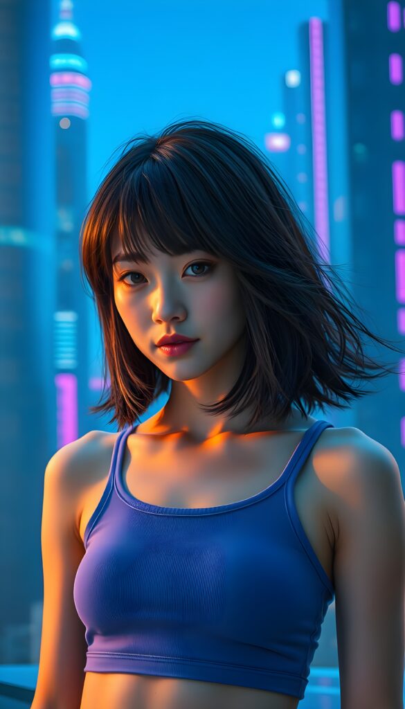 A stunning and imaginative composition featuring a beautiful young girl with pale skin and voluminous jet-black hair with light brown highlights in a perfect symmetrical bob cut. She has mesmerizing amber eyes and is dressed in a blue cropped tank top, emphasizing her athletic physique. The setting is an otherworldly neon-lit cityscape, with glowing blue and purple skyscrapers stretching towards the sky. The background is a vibrant neon-blue gradient, creating a futuristic and ethereal atmosphere. The girl is standing confidently, with a subtle smile, and her hair gently flows in the wind, adding a dynamic element to the scene. Soft, radiant lighting highlights her features, making her appear almost luminous against the backdrop. The overall composition is a blend of realism and fantasy, with a touch of sci-fi, making it visually captivating and enchanting.