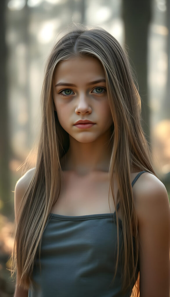 A stunning and beautiful young girl with soft, flowing, straight hair, standing against a serene, misty forest backdrop. She wears a form-fitting, grey camisole vest that highlights her graceful figure. Her hair is detailed with subtle highlights, and her eyes sparkle with an otherworldly charm. The forest is bathed in soft, ethereal light, casting gentle shadows around her. The scene is tranquil, with a hint of magical realism, as if she is part of a serene, fairy-tale-like environment. Her expression is calm and contemplative, adding to the overall serene and enchanting atmosphere.