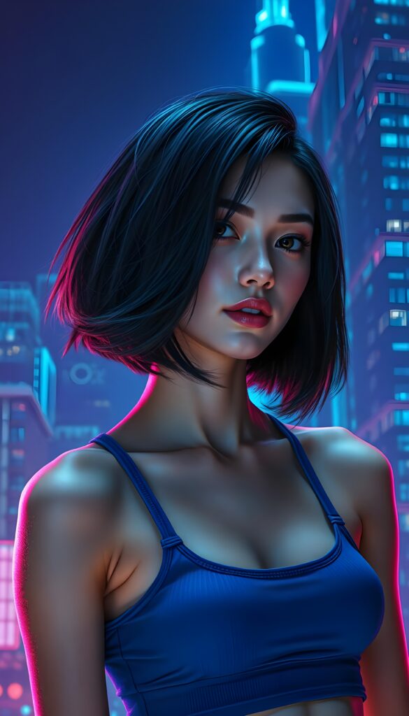 A stunning and imaginative composition featuring a beautiful young girl with pale skin and voluminous jet-black hair with light brown highlights in a perfect symmetrical bob cut. She has mesmerizing amber eyes and is dressed in a blue cropped tank top, emphasizing her athletic physique. The setting is an otherworldly neon-lit cityscape, with glowing blue and purple skyscrapers stretching towards the sky. The background is a vibrant neon-blue gradient, creating a futuristic and ethereal atmosphere. The girl is standing confidently, with a subtle smile, and her hair gently flows in the wind, adding a dynamic element to the scene. Soft, radiant lighting highlights her features, making her appear almost luminous against the backdrop. The overall composition is a blend of realism and fantasy, with a touch of sci-fi, making it visually captivating and enchanting.