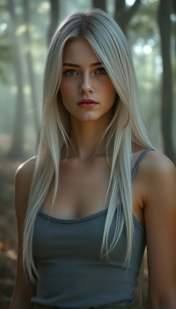 A stunning and beautiful young busty teen girl with soft, flowing, straight white hair, standing against a serene, misty forest backdrop. She wears a form-fitting, grey camisole vest that highlights her graceful figure. Her hair is detailed with subtle highlights, and her eyes sparkle with an otherworldly charm. The forest is bathed in soft, ethereal light, casting gentle shadows around her. The scene is tranquil, with a hint of magical realism, as if she is part of a serene, fairy-tale-like environment. Her expression is calm and contemplative, adding to the overall serene and enchanting atmosphere.