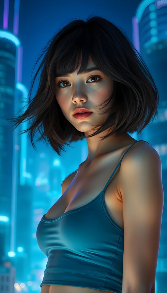 A stunning and imaginative composition featuring a beautiful young girl with pale skin and voluminous jet-black hair with light brown highlights in a perfect symmetrical bob cut. She has mesmerizing amber eyes and is dressed in a blue cropped tank top, emphasizing her athletic physique. The setting is an otherworldly neon-lit cityscape, with glowing blue and purple skyscrapers stretching towards the sky. The background is a vibrant neon-blue gradient, creating a futuristic and ethereal atmosphere. The girl is standing confidently, with a subtle smile, and her hair gently flows in the wind, adding a dynamic element to the scene. Soft, radiant lighting highlights her features, making her appear almost luminous against the backdrop. The overall composition is a blend of realism and fantasy, with a touch of sci-fi, making it visually captivating and enchanting.