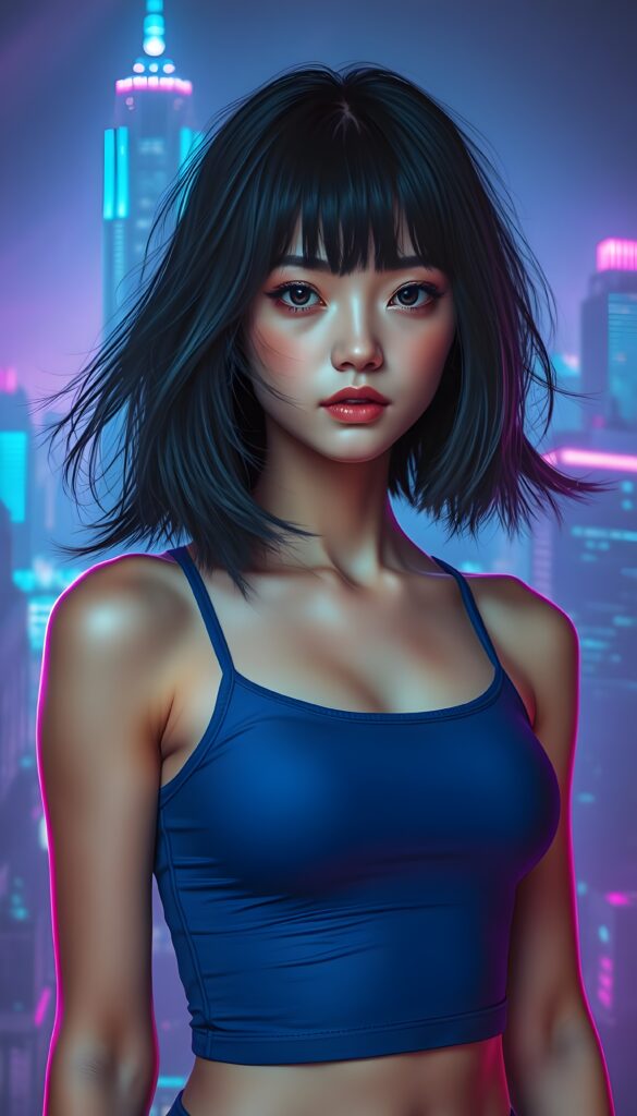 A stunning and imaginative composition featuring a beautiful young girl with pale skin and voluminous jet-black hair with light brown highlights in a perfect symmetrical bob cut. She has mesmerizing amber eyes and is dressed in a blue cropped tank top, emphasizing her athletic physique. The setting is an otherworldly neon-lit cityscape, with glowing blue and purple skyscrapers stretching towards the sky. The background is a vibrant neon-blue gradient, creating a futuristic and ethereal atmosphere. The girl is standing confidently, with a subtle smile, and her hair gently flows in the wind, adding a dynamic element to the scene. Soft, radiant lighting highlights her features, making her appear almost luminous against the backdrop. The overall composition is a blend of realism and fantasy, with a touch of sci-fi, making it visually captivating and enchanting.