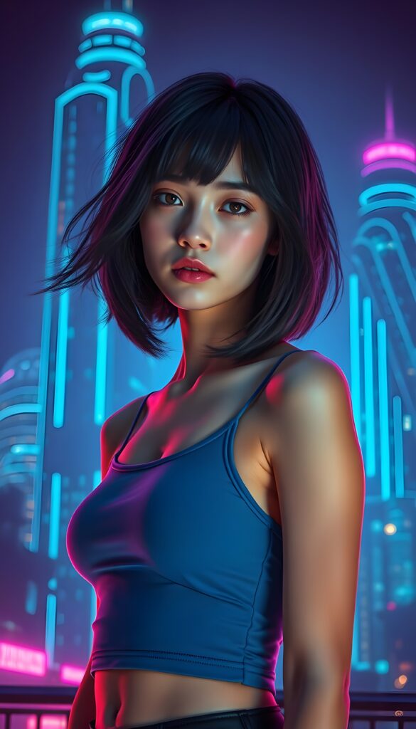 A stunning and imaginative composition featuring a beautiful young girl with pale skin and voluminous jet-black hair with light brown highlights in a perfect symmetrical bob cut. She has mesmerizing amber eyes and is dressed in a blue cropped tank top, emphasizing her athletic physique. The setting is an otherworldly neon-lit cityscape, with glowing blue and purple skyscrapers stretching towards the sky. The background is a vibrant neon-blue gradient, creating a futuristic and ethereal atmosphere. The girl is standing confidently, with a subtle smile, and her hair gently flows in the wind, adding a dynamic element to the scene. Soft, radiant lighting highlights her features, making her appear almost luminous against the backdrop. The overall composition is a blend of realism and fantasy, with a touch of sci-fi, making it visually captivating and enchanting.