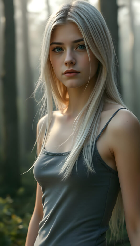 A stunning and beautiful young busty teen girl with soft, flowing, straight white hair, standing against a serene, misty forest backdrop. She wears a form-fitting, grey camisole vest that highlights her graceful figure. Her hair is detailed with subtle highlights, and her eyes sparkle with an otherworldly charm. The forest is bathed in soft, ethereal light, casting gentle shadows around her. The scene is tranquil, with a hint of magical realism, as if she is part of a serene, fairy-tale-like environment. Her expression is calm and contemplative, adding to the overall serene and enchanting atmosphere.