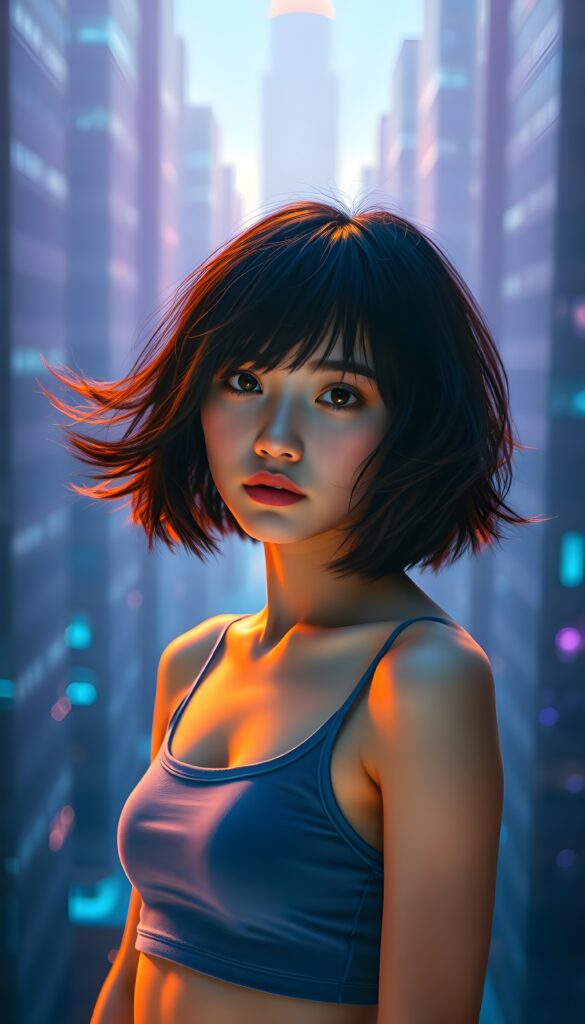 A stunning and imaginative composition featuring a beautiful young girl with pale skin and voluminous jet-black hair with light brown highlights in a perfect symmetrical bob cut. She has mesmerizing amber eyes and is dressed in a blue cropped tank top, emphasizing her athletic physique. The setting is an otherworldly neon-lit cityscape, with glowing blue and purple skyscrapers stretching towards the sky. The background is a vibrant neon-blue gradient, creating a futuristic and ethereal atmosphere. The girl is standing confidently, with a subtle smile, and her hair gently flows in the wind, adding a dynamic element to the scene. Soft, radiant lighting highlights her features, making her appear almost luminous against the backdrop. The overall composition is a blend of realism and fantasy, with a touch of sci-fi, making it visually captivating and enchanting.