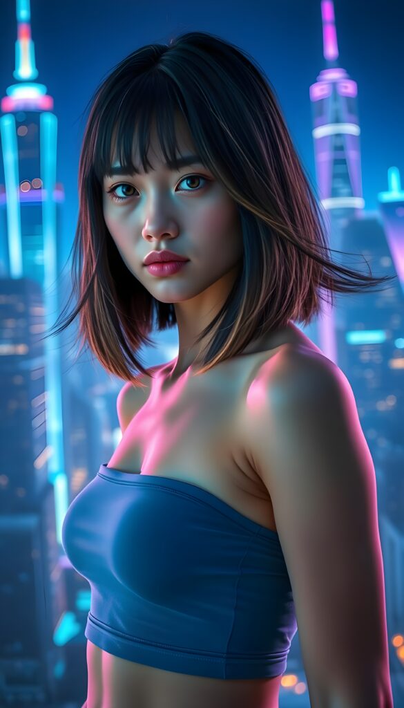 A stunning and imaginative composition featuring a beautiful young girl with pale skin and voluminous jet-black hair with light brown highlights in a perfect symmetrical bob cut. She has mesmerizing amber eyes and is dressed in a blue cropped tank top, emphasizing her athletic physique. The setting is an otherworldly neon-lit cityscape, with glowing blue and purple skyscrapers stretching towards the sky. The background is a vibrant neon-blue gradient, creating a futuristic and ethereal atmosphere. The girl is standing confidently, with a subtle smile, and her hair gently flows in the wind, adding a dynamic element to the scene. Soft, radiant lighting highlights her features, making her appear almost luminous against the backdrop. The overall composition is a blend of realism and fantasy, with a touch of sci-fi, making it visually captivating and enchanting.