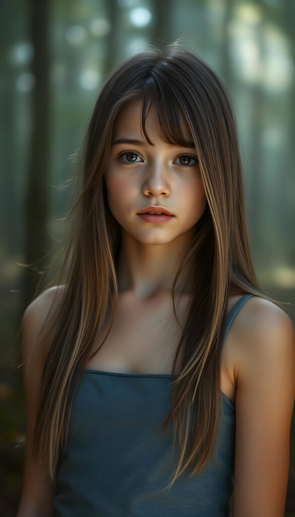 A stunning and beautiful young girl with soft, flowing, straight hair, standing against a serene, misty forest backdrop. She wears a form-fitting, grey camisole vest that highlights her graceful figure. Her hair is detailed with subtle highlights, and her eyes sparkle with an otherworldly charm. The forest is bathed in soft, ethereal light, casting gentle shadows around her. The scene is tranquil, with a hint of magical realism, as if she is part of a serene, fairy-tale-like environment. Her expression is calm and contemplative, adding to the overall serene and enchanting atmosphere.