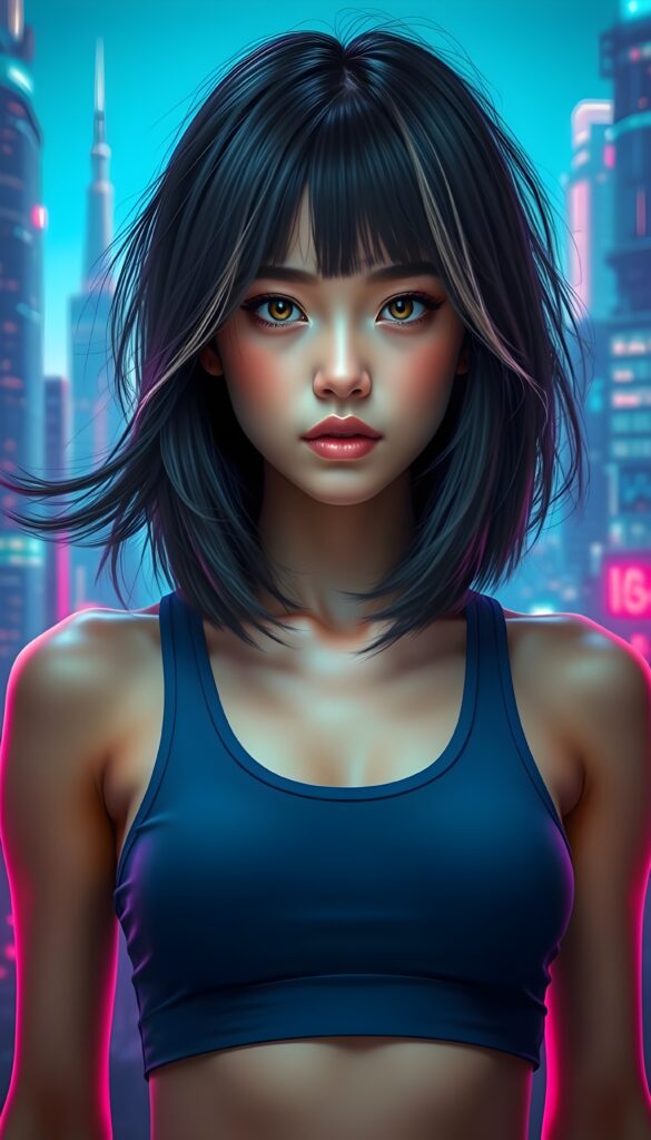 A stunning and imaginative composition featuring a beautiful young girl with pale skin and voluminous jet-black hair with light brown highlights in a perfect symmetrical bob cut. She has mesmerizing amber eyes and is dressed in a blue cropped tank top, emphasizing her athletic physique. The setting is an otherworldly neon-lit cityscape, with glowing blue and purple skyscrapers stretching towards the sky. The background is a vibrant neon-blue gradient, creating a futuristic and ethereal atmosphere. The girl is standing confidently, with a subtle smile, and her hair gently flows in the wind, adding a dynamic element to the scene. Soft, radiant lighting highlights her features, making her appear almost luminous against the backdrop. The overall composition is a blend of realism and fantasy, with a touch of sci-fi, making it visually captivating and enchanting.