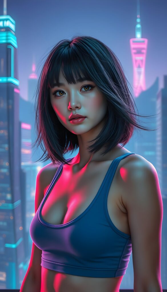 A stunning and imaginative composition featuring a beautiful young girl with pale skin and voluminous jet-black hair with light brown highlights in a perfect symmetrical bob cut. She has mesmerizing amber eyes and is dressed in a blue cropped tank top, emphasizing her athletic physique. The setting is an otherworldly neon-lit cityscape, with glowing blue and purple skyscrapers stretching towards the sky. The background is a vibrant neon-blue gradient, creating a futuristic and ethereal atmosphere. The girl is standing confidently, with a subtle smile, and her hair gently flows in the wind, adding a dynamic element to the scene. Soft, radiant lighting highlights her features, making her appear almost luminous against the backdrop. The overall composition is a blend of realism and fantasy, with a touch of sci-fi, making it visually captivating and enchanting.