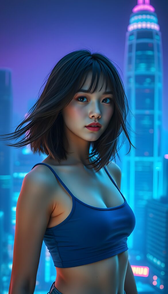 A stunning and imaginative composition featuring a beautiful young girl with pale skin and voluminous jet-black hair with light brown highlights in a perfect symmetrical bob cut. She has mesmerizing amber eyes and is dressed in a blue cropped tank top, emphasizing her athletic physique. The setting is an otherworldly neon-lit cityscape, with glowing blue and purple skyscrapers stretching towards the sky. The background is a vibrant neon-blue gradient, creating a futuristic and ethereal atmosphere. The girl is standing confidently, with a subtle smile, and her hair gently flows in the wind, adding a dynamic element to the scene. Soft, radiant lighting highlights her features, making her appear almost luminous against the backdrop. The overall composition is a blend of realism and fantasy, with a touch of sci-fi, making it visually captivating and enchanting.