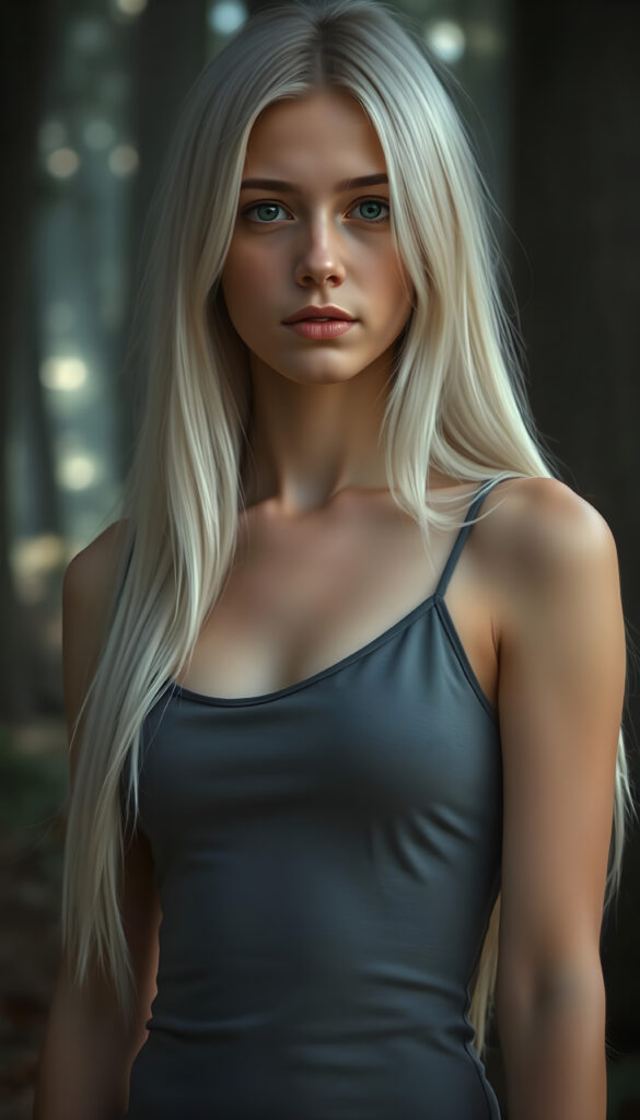 A stunning and beautiful young busty teen girl with soft, flowing, straight white hair, standing against a serene, misty forest backdrop. She wears a form-fitting, grey camisole vest that highlights her graceful figure. Her hair is detailed with subtle highlights, and her eyes sparkle with an otherworldly charm. The forest is bathed in soft, ethereal light, casting gentle shadows around her. The scene is tranquil, with a hint of magical realism, as if she is part of a serene, fairy-tale-like environment. Her expression is calm and contemplative, adding to the overall serene and enchanting atmosphere.