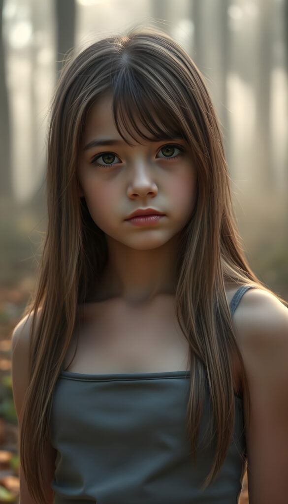 A stunning and beautiful young girl with soft, flowing, straight hair, standing against a serene, misty forest backdrop. She wears a form-fitting, grey camisole vest that highlights her graceful figure. Her hair is detailed with subtle highlights, and her eyes sparkle with an otherworldly charm. The forest is bathed in soft, ethereal light, casting gentle shadows around her. The scene is tranquil, with a hint of magical realism, as if she is part of a serene, fairy-tale-like environment. Her expression is calm and contemplative, adding to the overall serene and enchanting atmosphere.