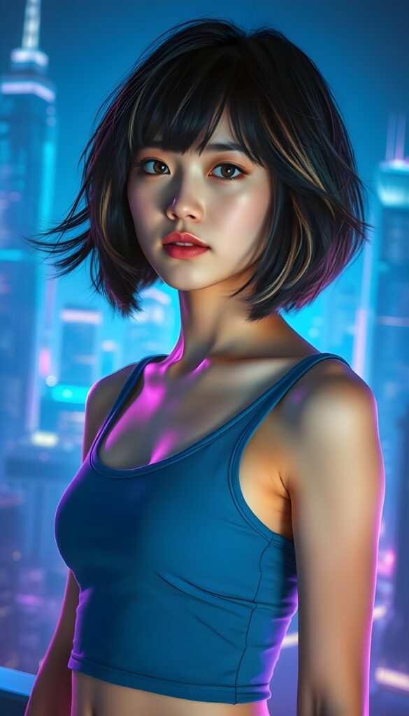 A stunning and imaginative composition featuring a beautiful young girl with pale skin and voluminous jet-black hair with light brown highlights in a perfect symmetrical bob cut. She has mesmerizing amber eyes and is dressed in a blue cropped tank top, emphasizing her athletic physique. The setting is an otherworldly neon-lit cityscape, with glowing blue and purple skyscrapers stretching towards the sky. The background is a vibrant neon-blue gradient, creating a futuristic and ethereal atmosphere. The girl is standing confidently, with a subtle smile, and her hair gently flows in the wind, adding a dynamic element to the scene. Soft, radiant lighting highlights her features, making her appear almost luminous against the backdrop. The overall composition is a blend of realism and fantasy, with a touch of sci-fi, making it visually captivating and enchanting.
