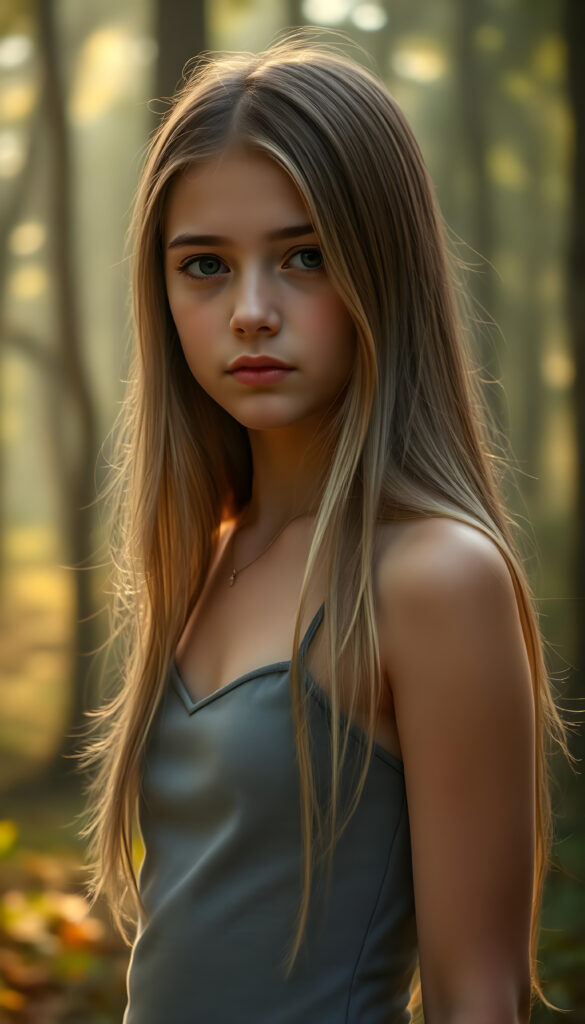 A stunning and beautiful young girl with soft, flowing, straight hair, standing against a serene, misty forest backdrop. She wears a form-fitting, grey camisole vest that highlights her graceful figure. Her hair is detailed with subtle highlights, and her eyes sparkle with an otherworldly charm. The forest is bathed in soft, ethereal light, casting gentle shadows around her. The scene is tranquil, with a hint of magical realism, as if she is part of a serene, fairy-tale-like environment. Her expression is calm and contemplative, adding to the overall serene and enchanting atmosphere.