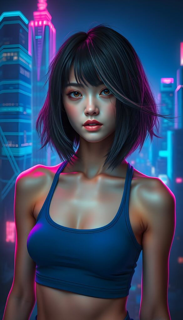 A stunning and imaginative composition featuring a beautiful young girl with pale skin and voluminous jet-black hair with light brown highlights in a perfect symmetrical bob cut. She has mesmerizing amber eyes and is dressed in a blue cropped tank top, emphasizing her athletic physique. The setting is an otherworldly neon-lit cityscape, with glowing blue and purple skyscrapers stretching towards the sky. The background is a vibrant neon-blue gradient, creating a futuristic and ethereal atmosphere. The girl is standing confidently, with a subtle smile, and her hair gently flows in the wind, adding a dynamic element to the scene. Soft, radiant lighting highlights her features, making her appear almost luminous against the backdrop. The overall composition is a blend of realism and fantasy, with a touch of sci-fi, making it visually captivating and enchanting.