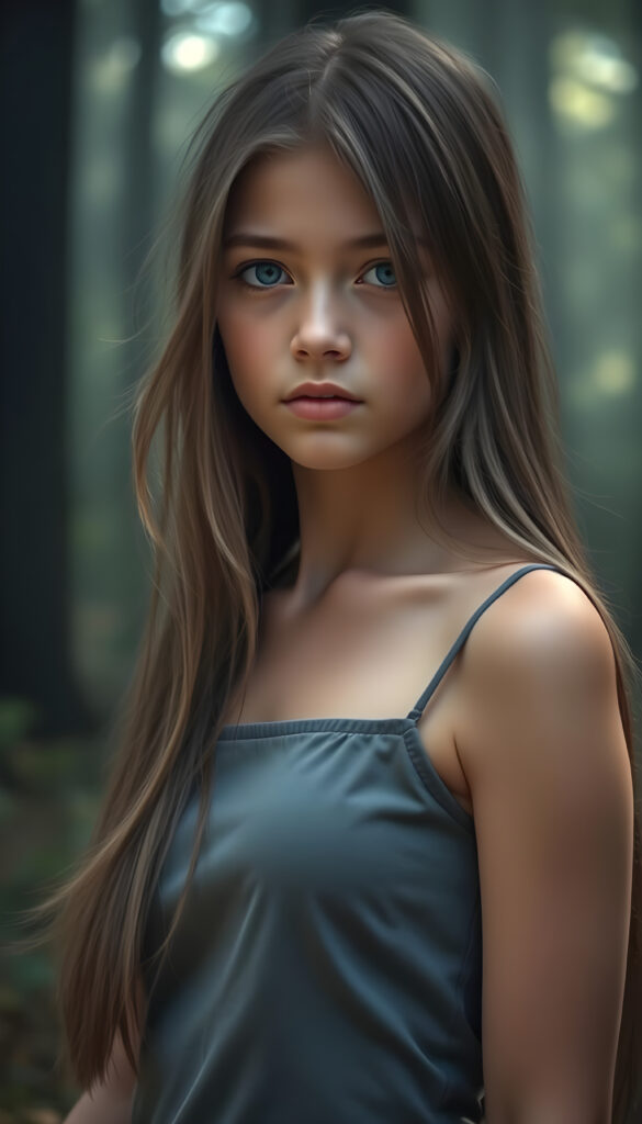 A stunning and beautiful young girl with soft, flowing, straight hair, standing against a serene, misty forest backdrop. She wears a form-fitting, grey camisole vest that highlights her graceful figure. Her hair is detailed with subtle highlights, and her eyes sparkle with an otherworldly charm. The forest is bathed in soft, ethereal light, casting gentle shadows around her. The scene is tranquil, with a hint of magical realism, as if she is part of a serene, fairy-tale-like environment. Her expression is calm and contemplative, adding to the overall serene and enchanting atmosphere.