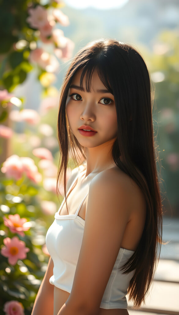 A stunning, beautiful, and charming young woman with a captivating presence, her jet-black hair cascading in straight, glossy strands, and her eyes sparkling with an alluring intensity. She is dressed in a simple yet elegant white tank top that accentuates her slender figure, standing against a backdrop of a softly lit, serene garden with blooming flowers and lush greenery, creating a dreamy, ethereal atmosphere. The scene is bathed in soft, golden sunlight, casting a warm glow on her delicate features, making her look radiant and enchanting.