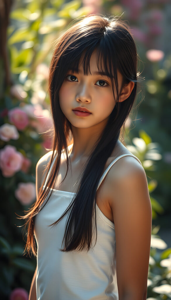 A stunning, beautiful, and charming young woman with a captivating presence, her jet-black hair cascading in straight, glossy strands, and her eyes sparkling with an alluring intensity. She is dressed in a simple yet elegant white tank top that accentuates her slender figure, standing against a backdrop of a softly lit, serene garden with blooming flowers and lush greenery, creating a dreamy, ethereal atmosphere. The scene is bathed in soft, golden sunlight, casting a warm glow on her delicate features, making her look radiant and enchanting.
