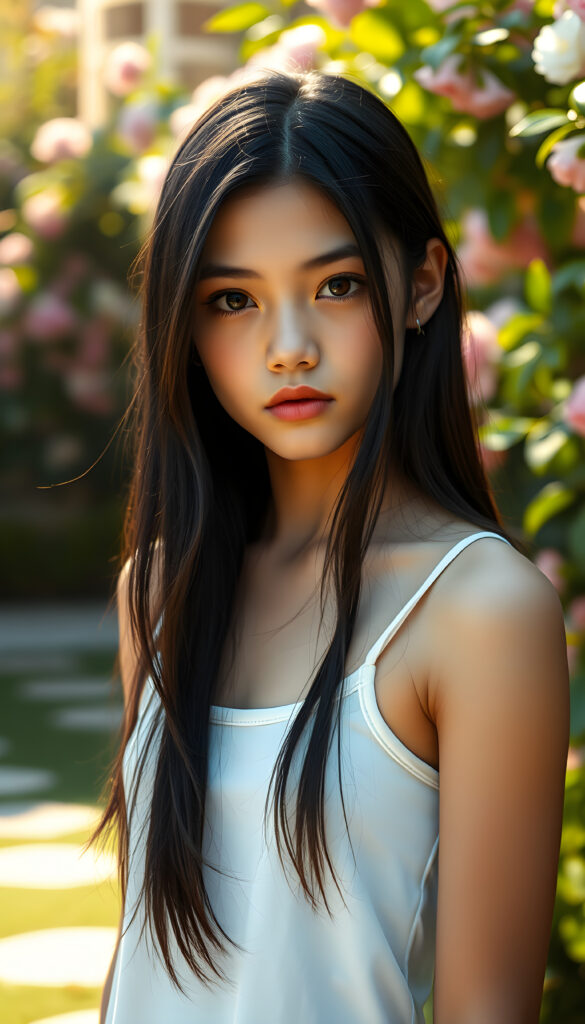 A stunning, beautiful, and charming young woman with a captivating presence, her jet-black hair cascading in straight, glossy strands, and her eyes sparkling with an alluring intensity. She is dressed in a simple yet elegant white tank top that accentuates her slender figure, standing against a backdrop of a softly lit, serene garden with blooming flowers and lush greenery, creating a dreamy, ethereal atmosphere. The scene is bathed in soft, golden sunlight, casting a warm glow on her delicate features, making her look radiant and enchanting.