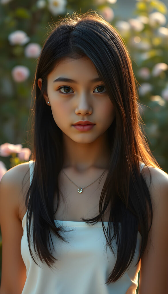 A stunning, beautiful, and charming young woman with a captivating presence, her jet-black hair cascading in straight, glossy strands, and her eyes sparkling with an alluring intensity. She is dressed in a simple yet elegant white tank top that accentuates her slender figure, standing against a backdrop of a softly lit, serene garden with blooming flowers and lush greenery, creating a dreamy, ethereal atmosphere. The scene is bathed in soft, golden sunlight, casting a warm glow on her delicate features, making her look radiant and enchanting.